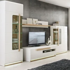 Vitrine 209 cm 1 porte blanc laqué décor bois clair et LED - ALEXIANE