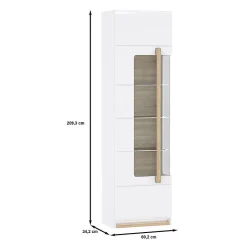 Vitrine 209 cm 1 porte blanc laqué décor bois clair et LED - ALEXIANE