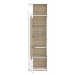 Vitrine 209 cm 1 porte blanc laqué décor bois clair et LED - ALEXIANE