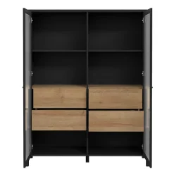 Vitrine 121 cm 2 portes 4 tiroirs décor bois de chêne et noir - MODE