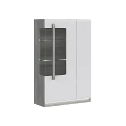 Vitrine 139 cm 2 portes blanc laqué et décor chêne gris - ALEXIANE