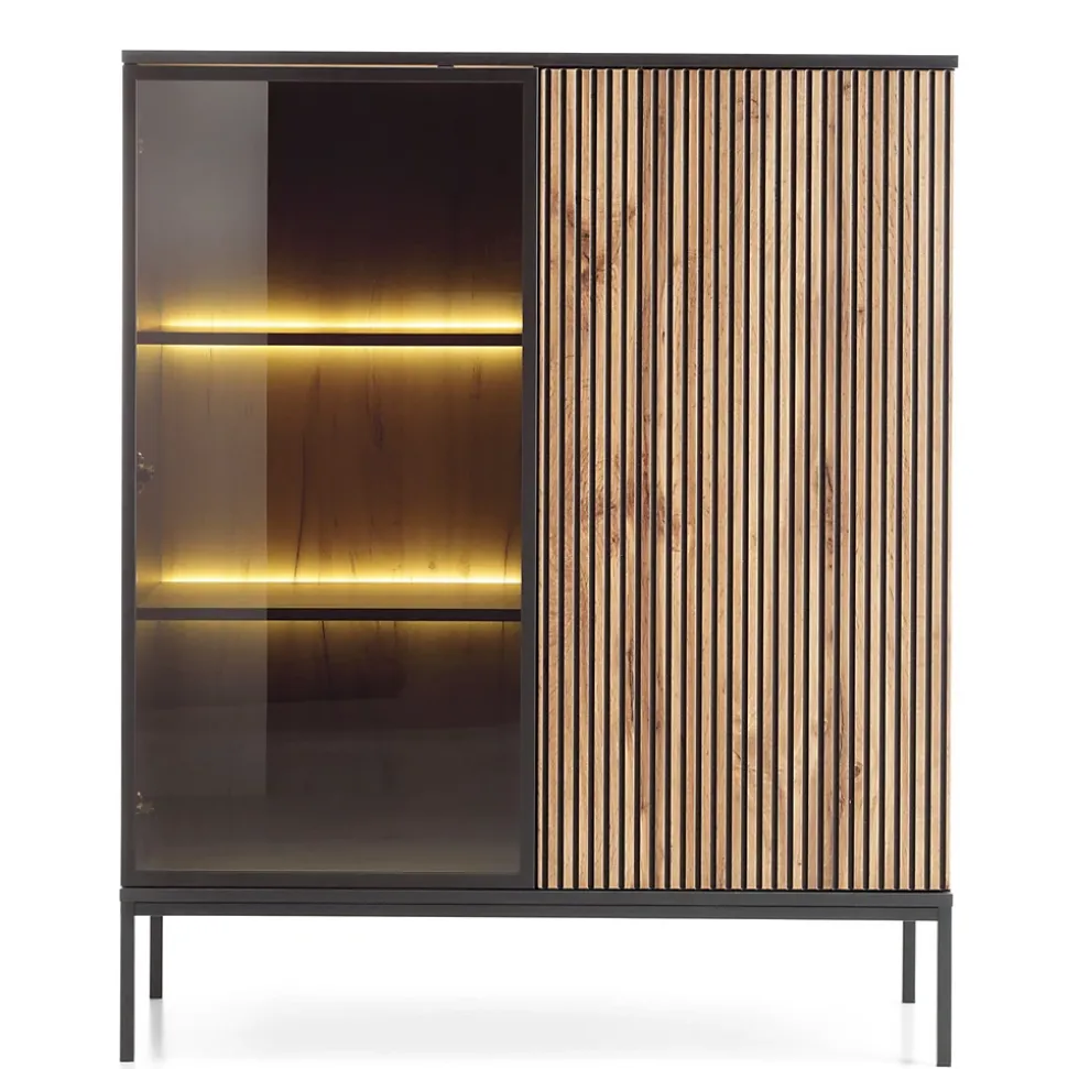 Vitrine 104 cm 2 portes éclairage LED noir/chêne Wotan TOSENA