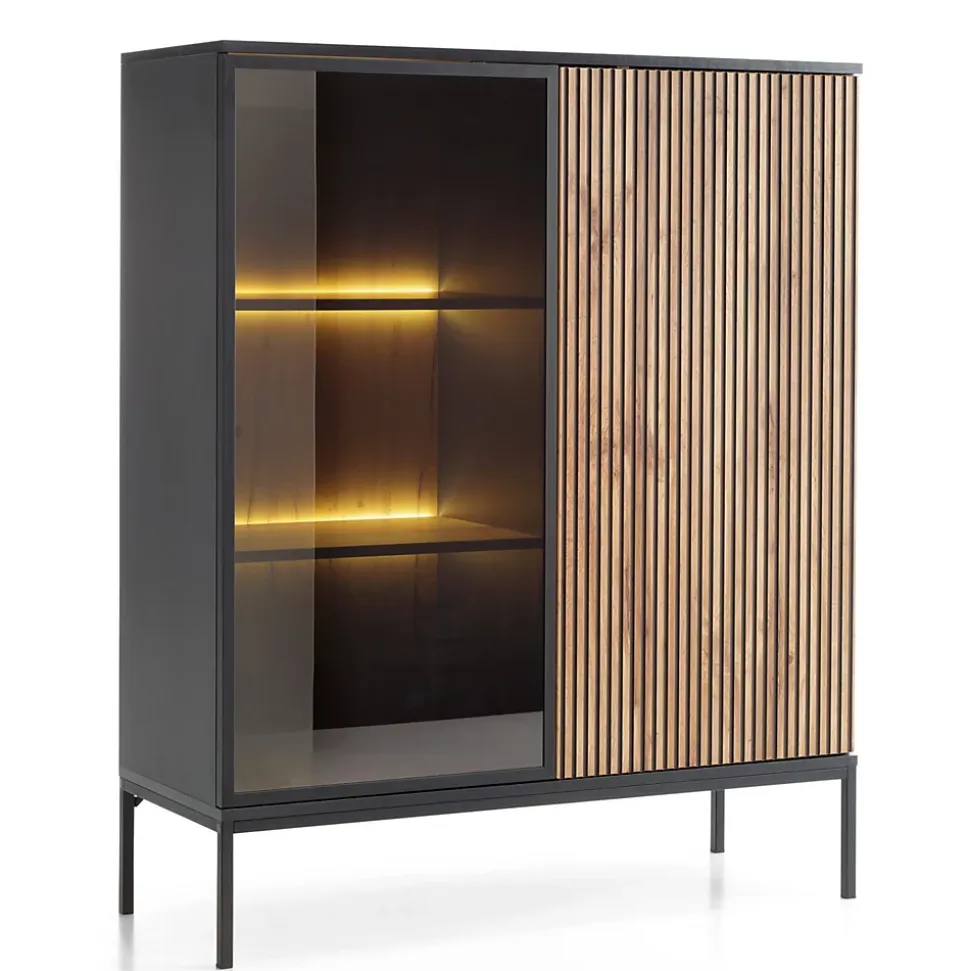 Vitrine 104 cm 2 portes éclairage LED noir/chêne Wotan TOSENA