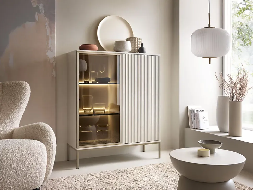 Vitrine 104 cm 2 portes éclairage LED grège TOSENA