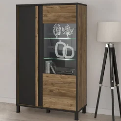 Vitrine 159 cm 2 portes décor bois et noir et pieds noir - CELIA