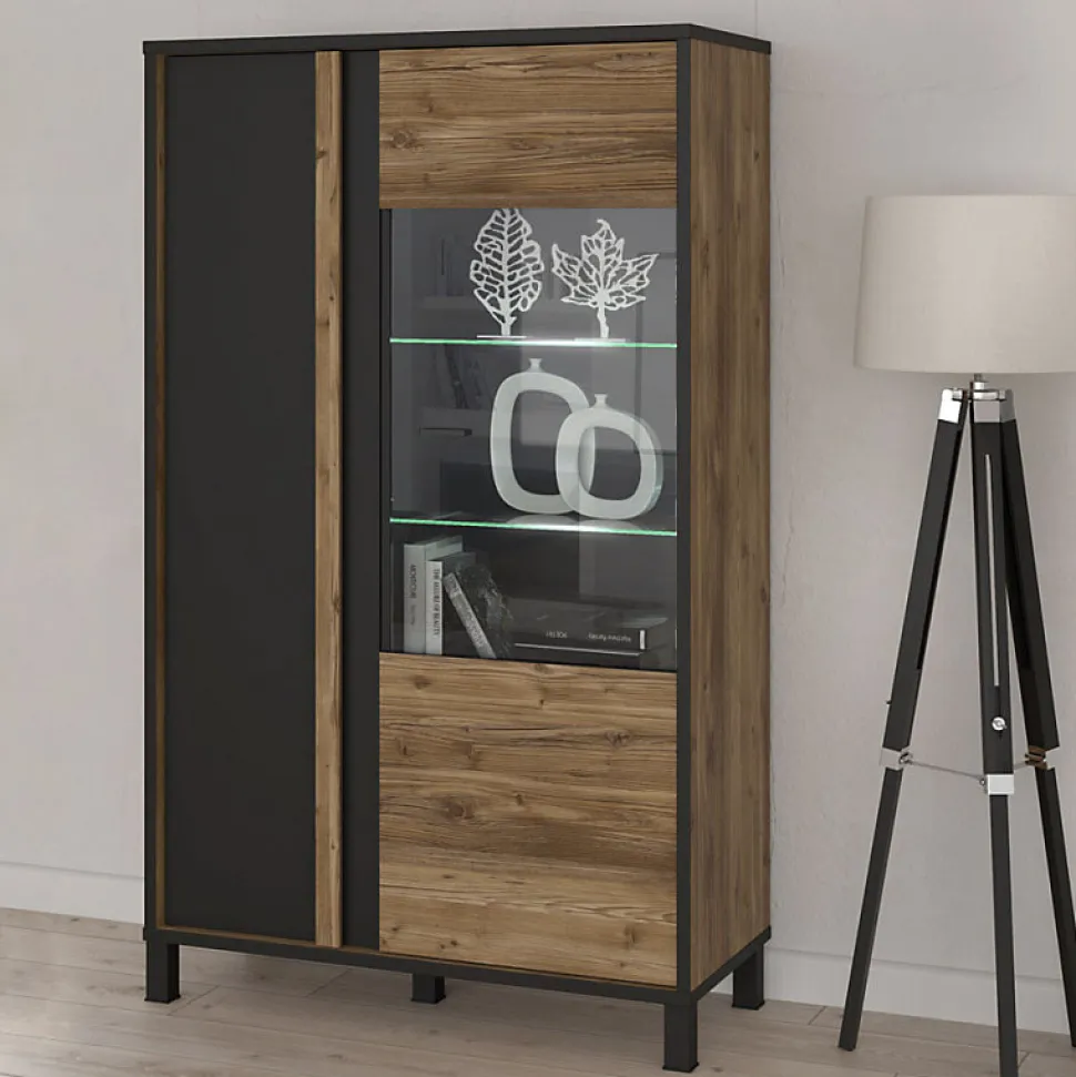 Vitrine 159 cm 2 portes décor bois et noir et pieds noir - CELIA