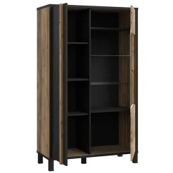 Vitrine 159 cm 2 portes décor bois et noir et pieds noir - CELIA