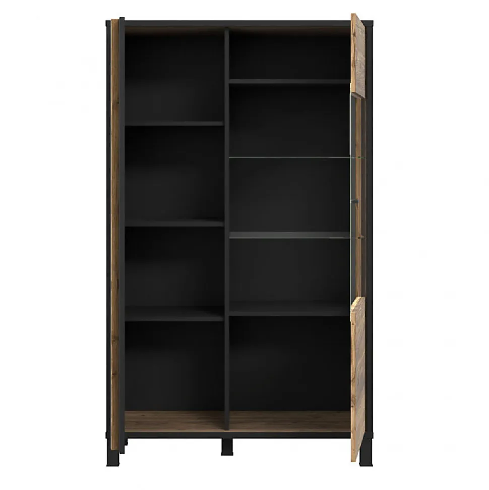 Vitrine 159 cm 2 portes décor bois et noir et pieds noir - CELIA