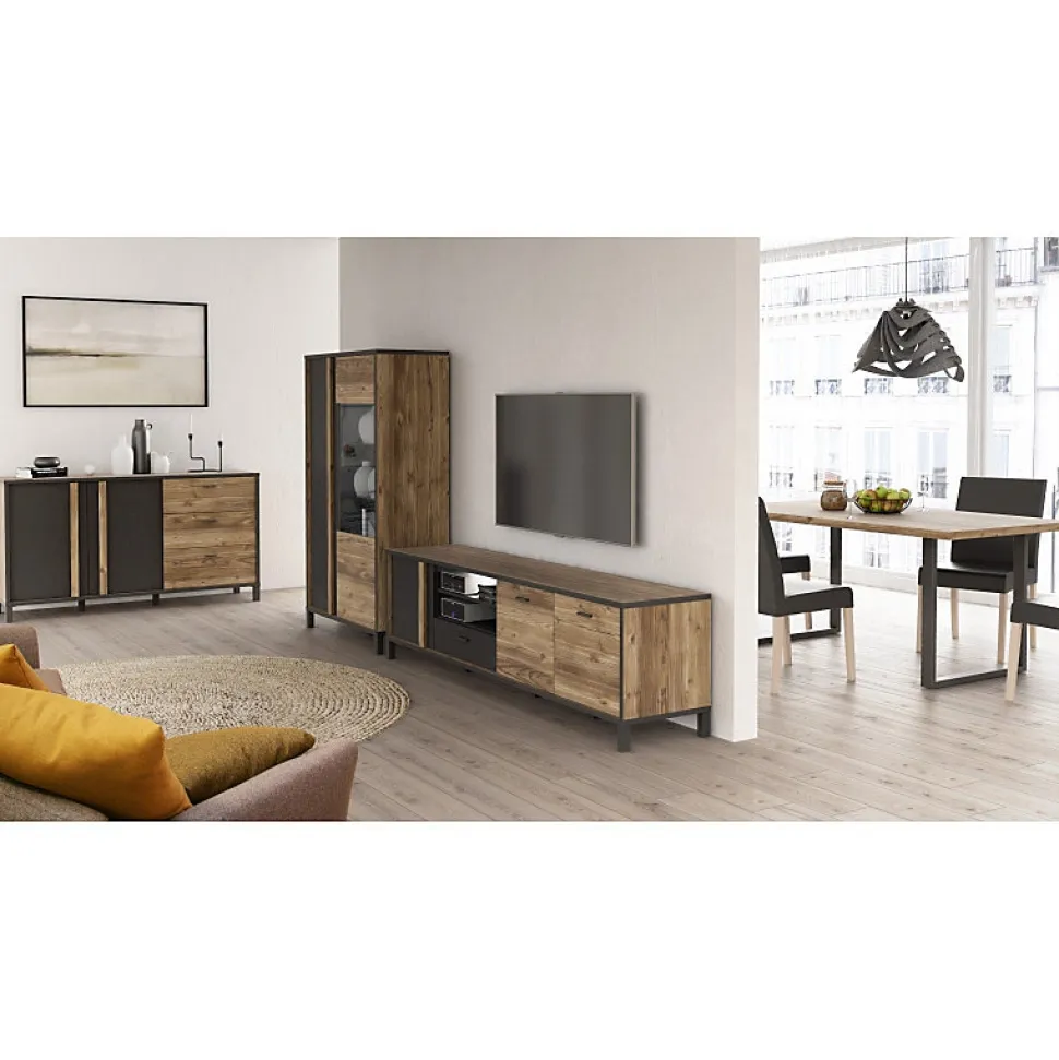 Vitrine 159 cm 2 portes décor bois et noir et pieds noir - CELIA