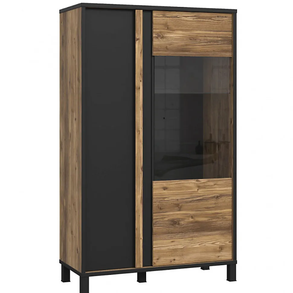 Vitrine 159 cm 2 portes décor bois et noir et pieds noir - CELIA