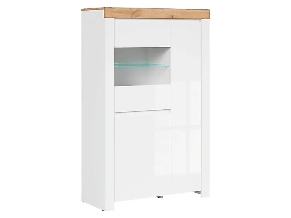 Vitrine à LED meuble de rangement à 3 portes,coloris Blanc/Chêne wotan - Longueur 98 x Profondeur 42 x Hauteur 156,5 cm