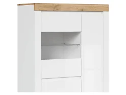 Vitrine à LED meuble de rangement à 3 portes,coloris Blanc/Chêne wotan - Longueur 98 x Profondeur 42 x Hauteur 156,5 cm