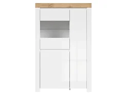 Vitrine à LED meuble de rangement à 3 portes,coloris Blanc/Chêne wotan - Longueur 98 x Profondeur 42 x Hauteur 156,5 cm