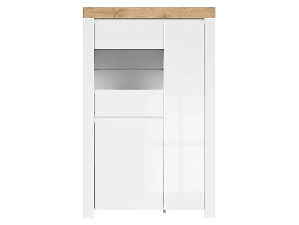 Vitrine à LED meuble de rangement à 3 portes,coloris Blanc/Chêne wotan - Longueur 98 x Profondeur 42 x Hauteur 156,5 cm