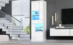 Vitrine - Meuble de Salon avec Tiroir et 4 Portes, Éclairage LED Intégré, Blanc, 55x38x170 cm