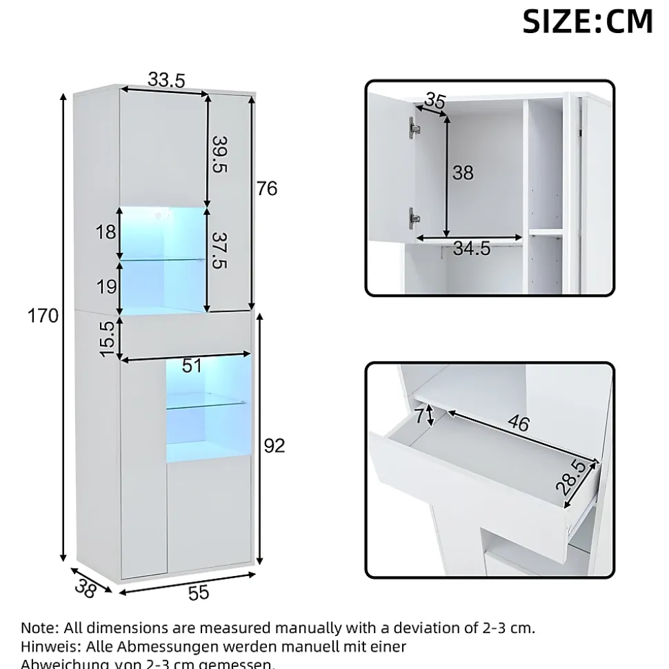 Vitrine - Meuble de Salon avec Tiroir et 4 Portes, Éclairage LED Intégré, Blanc, 55x38x170 cm