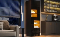Vitrine - Meuble de Salon Haut avec 1 Tiroir et 4 Portes, Éclairage LED Intégré, Noir, 55x38x170 cm