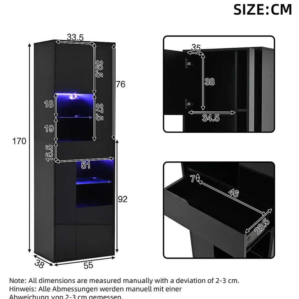 Vitrine - Meuble de Salon Haut avec 1 Tiroir et 4 Portes, Éclairage LED Intégré, Noir, 55x38x170 cm