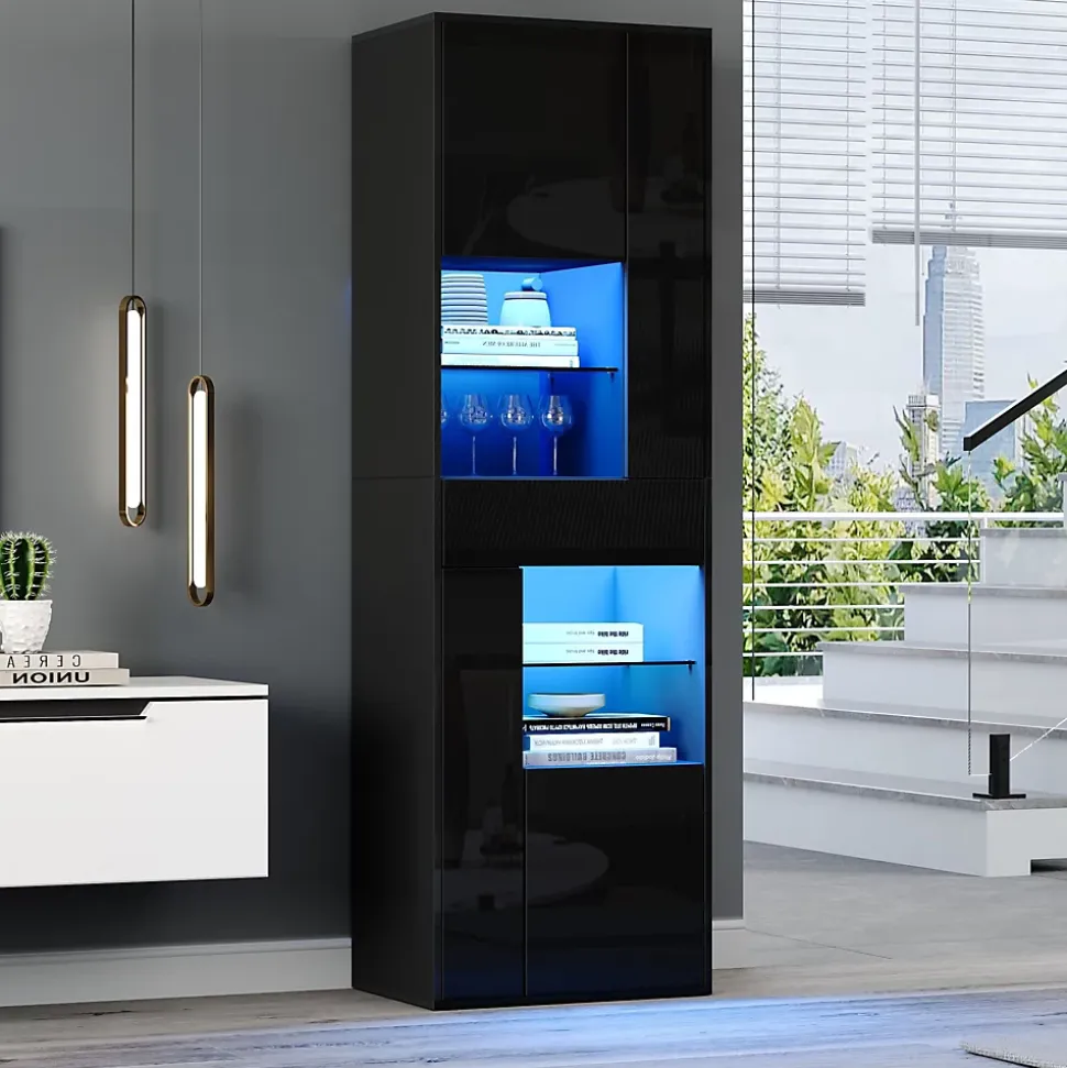 Vitrine - Meuble de Salon Haut avec 1 Tiroir et 4 Portes, Éclairage LED Intégré, Noir, 55x38x170 cm