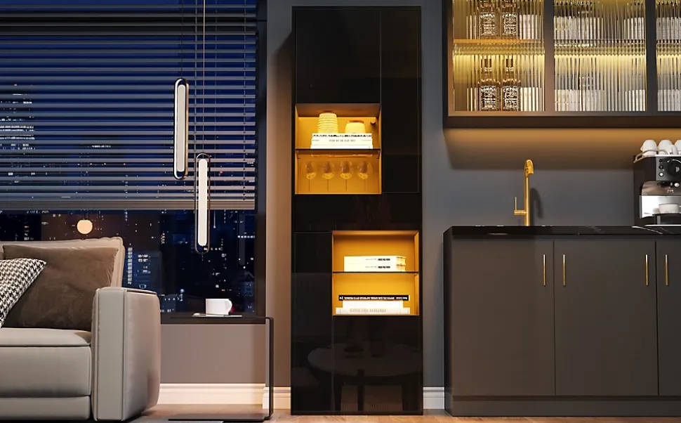 Vitrine - Meuble de Salon Haut avec 1 Tiroir et 4 Portes, Éclairage LED Intégré, Noir, 55x38x170 cm