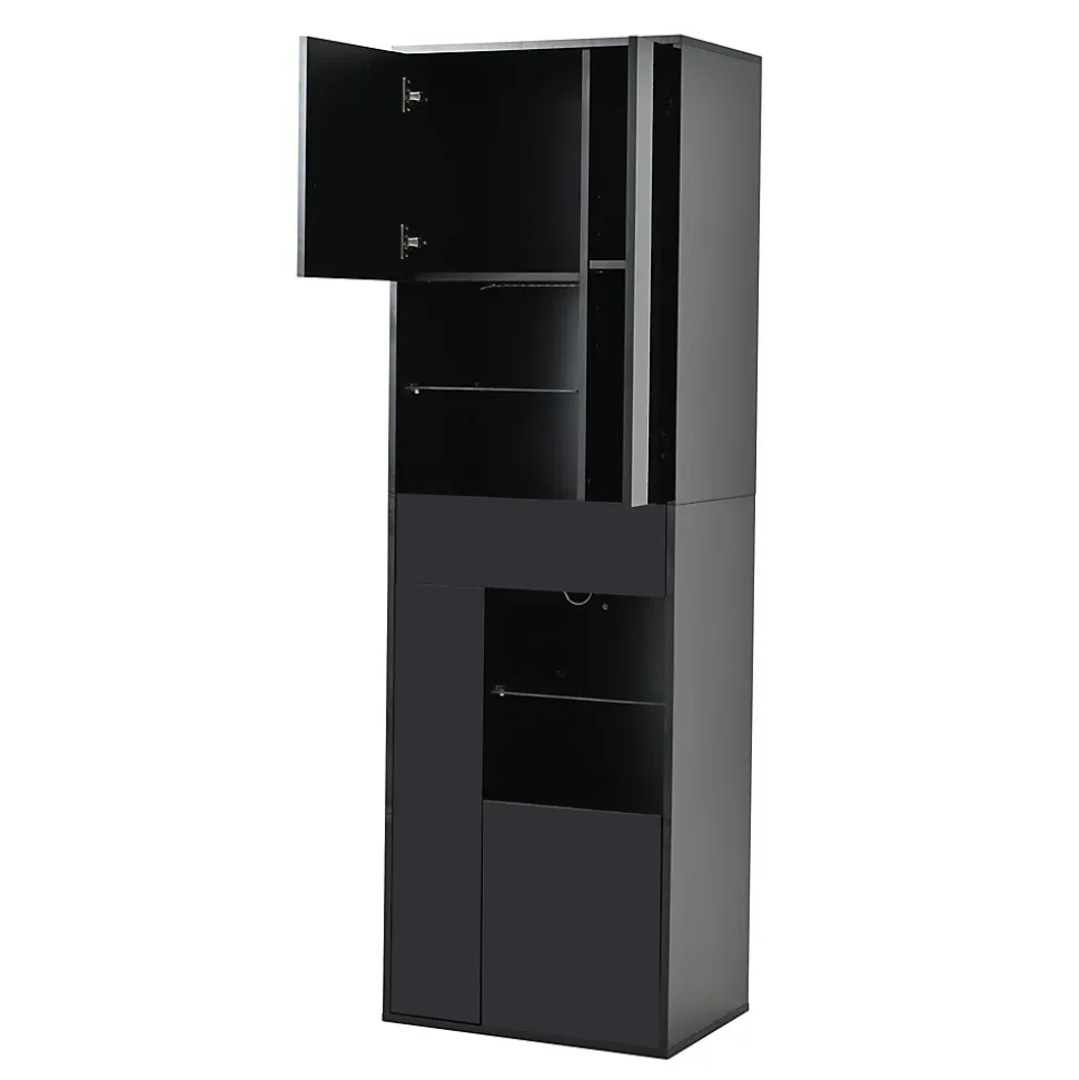 Vitrine - Meuble de Salon Haut avec 1 Tiroir et 4 Portes, Éclairage LED Intégré, Noir, 55x38x170 cm