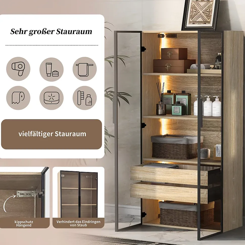 Vitrine 2 Pièces Éclairage LED et Portes Vitrées - Armoire de Rangement Moderne en MDF et Verre - 74x36x155 cm - Couleur Naturelle