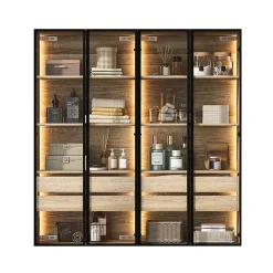 Vitrine 2 Pièces Éclairage LED et Portes Vitrées - Armoire de Rangement Moderne en MDF et Verre - 74x36x155 cm - Couleur Naturelle