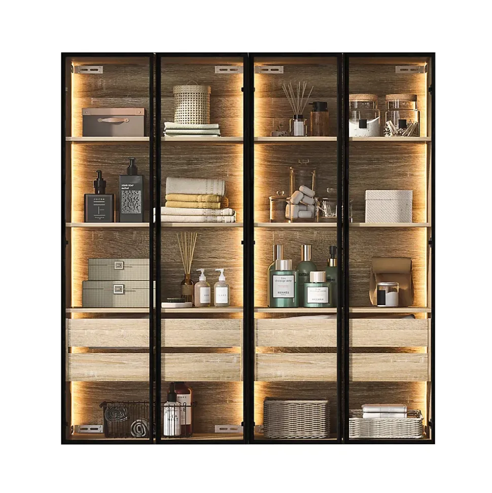 Vitrine 2 Pièces Éclairage LED et Portes Vitrées - Armoire de Rangement Moderne en MDF et Verre - 74x36x155 cm - Couleur Naturelle