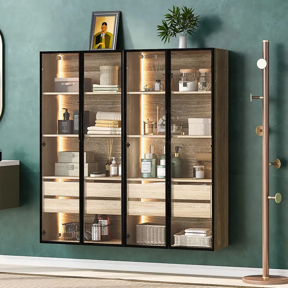 Vitrine 2 Pièces Éclairage LED et Portes Vitrées - Armoire de Rangement Moderne en MDF et Verre - 74x36x155 cm - Couleur Naturelle