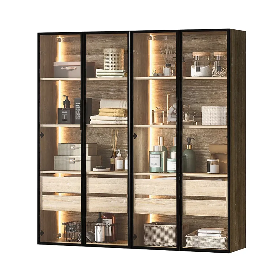 Vitrine 2 Pièces Éclairage LED et Portes Vitrées - Armoire de Rangement Moderne en MDF et Verre - 74x36x155 cm - Couleur Naturelle