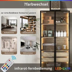 Vitrine 2 Pièces Éclairage LED et Portes Vitrées - Armoire de Rangement Moderne en MDF et Verre - 74x36x155 cm - Couleur Naturelle