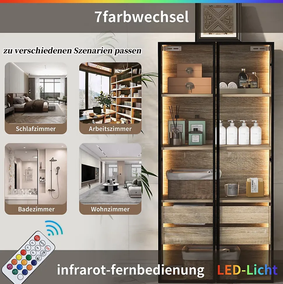 Vitrine 2 Pièces Éclairage LED et Portes Vitrées - Armoire de Rangement Moderne en MDF et Verre - 74x36x155 cm - Couleur Naturelle