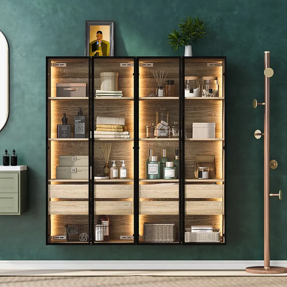 Vitrine 2 Pièces Éclairage LED et Portes Vitrées - Armoire de Rangement Moderne en MDF et Verre - 74x36x155 cm - Couleur Naturelle