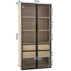 Vitrine 2 Pièces Éclairage LED et Portes Vitrées - Armoire de Rangement Moderne en MDF et Verre - 74x36x155 cm - Couleur Naturelle