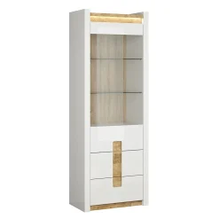 Vitrine 1 porte 2 tiroirs avec LED Helios Blanc laque et Bois