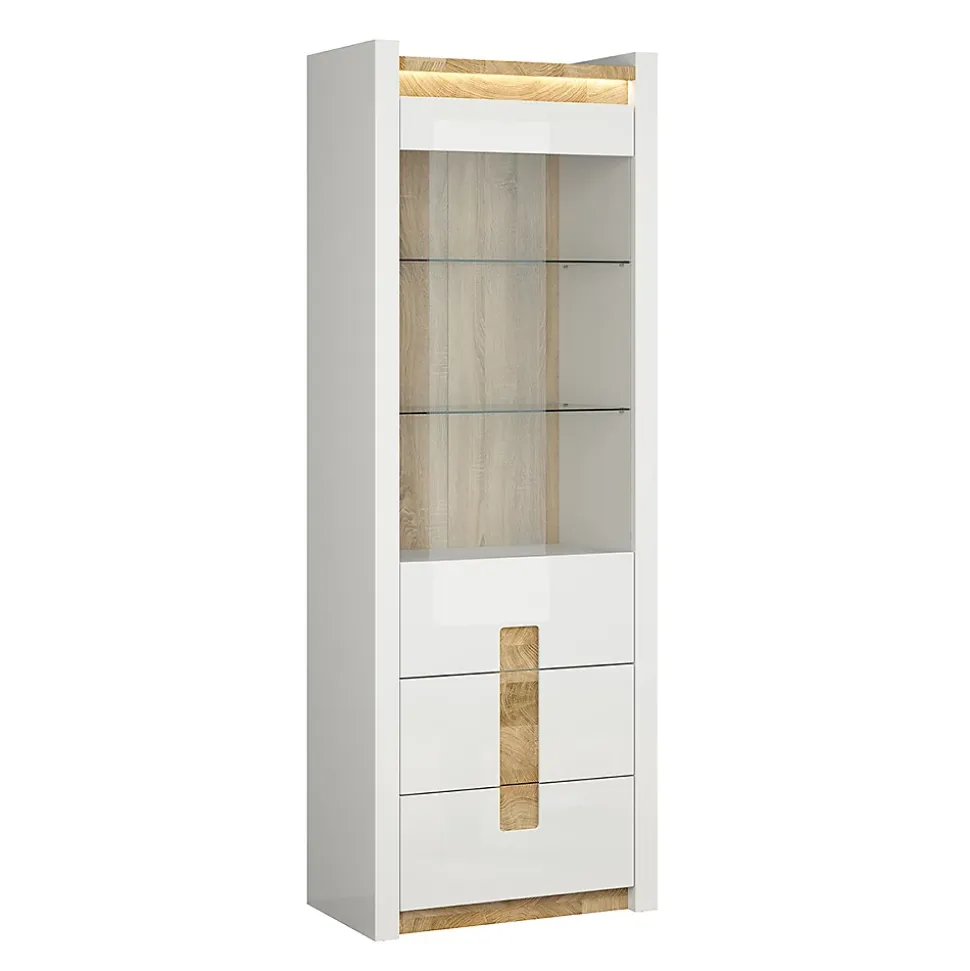 Vitrine 1 porte 2 tiroirs avec LED Helios Blanc laque et Bois