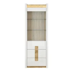 Vitrine 1 porte 2 tiroirs avec LED Helios Blanc laque et Bois