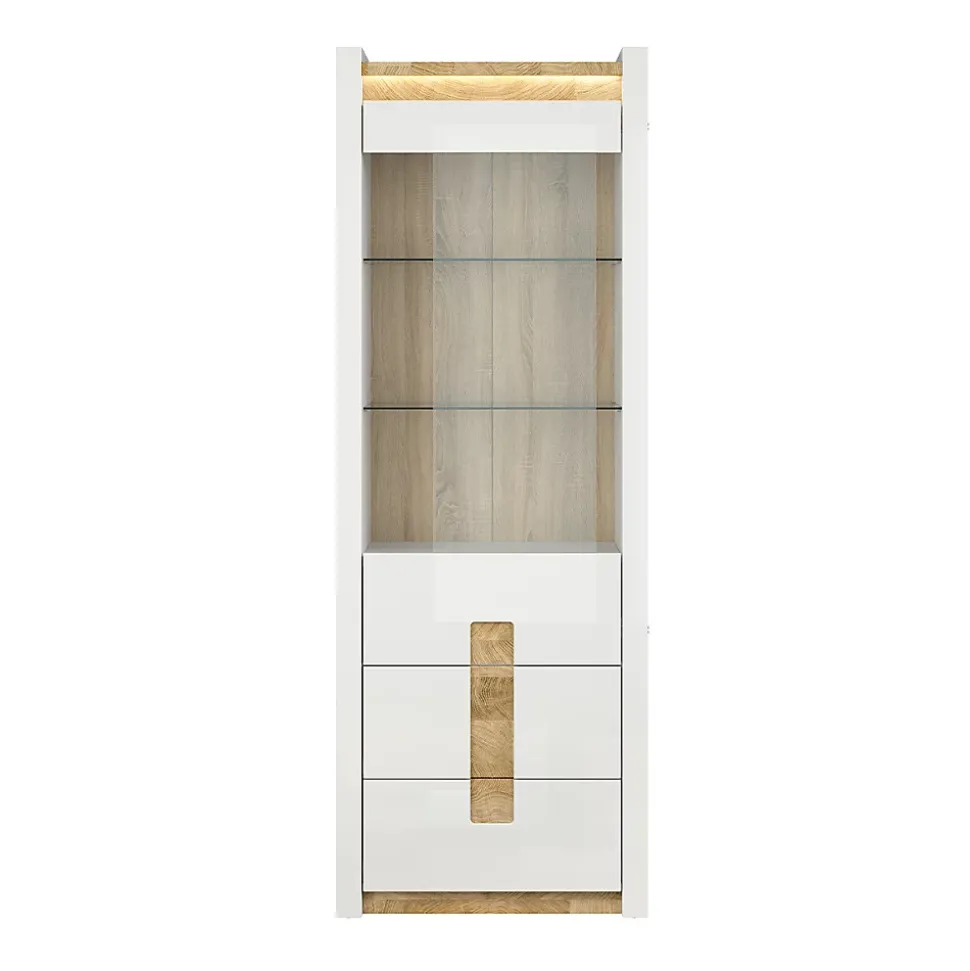 Vitrine 1 porte 2 tiroirs avec LED Helios Blanc laque et Bois