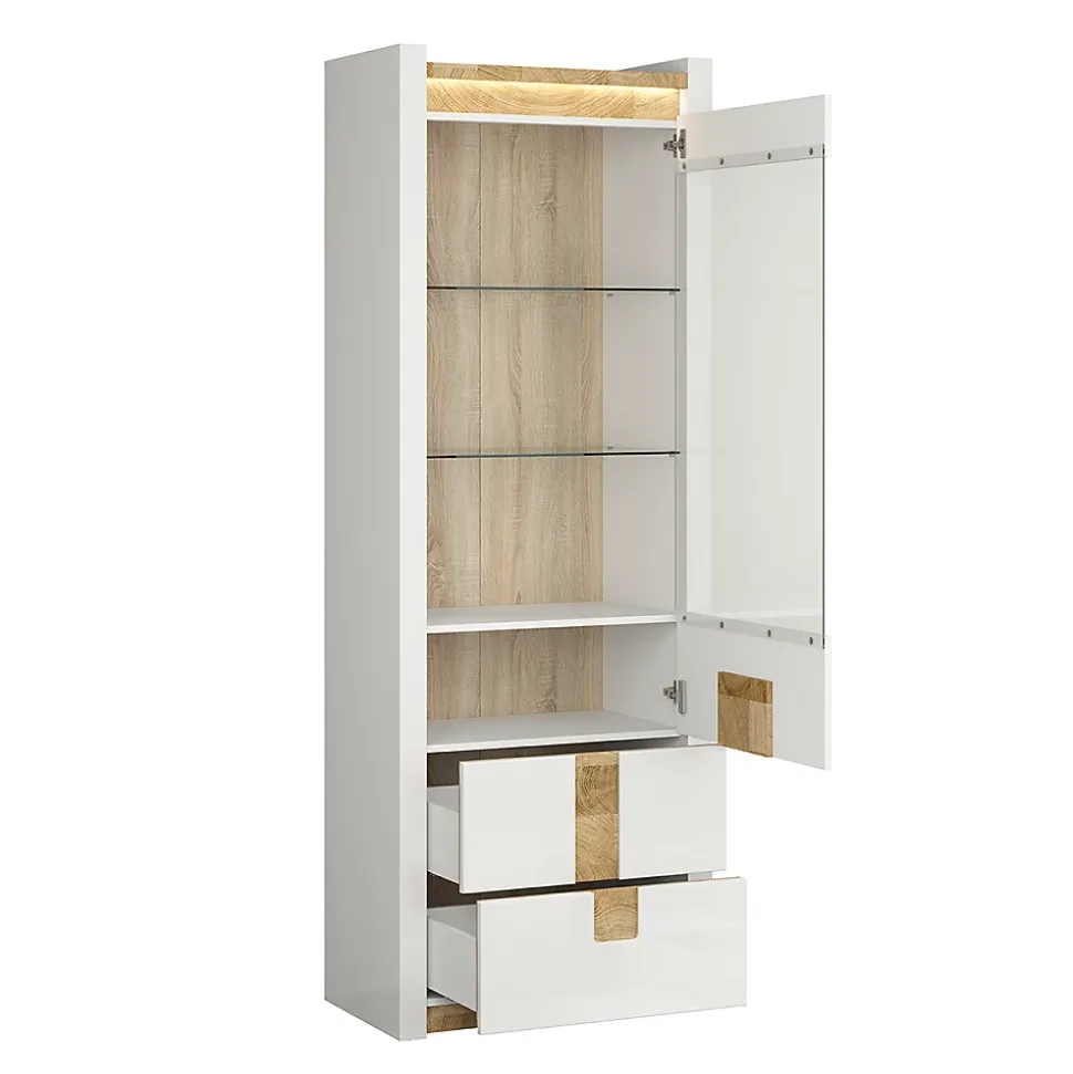 Vitrine 1 porte 2 tiroirs avec LED Helios Blanc laque et Bois