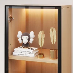 Vitrine à porte vitrée 40x40x165 cm - Éclairage LED - 1 porte en verre trempé - Placage chêne - MDF - Naturel