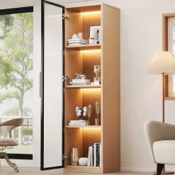Vitrine à porte vitrée 40x40x165 cm - Éclairage LED - 1 porte en verre trempé - Placage chêne - MDF - Naturel