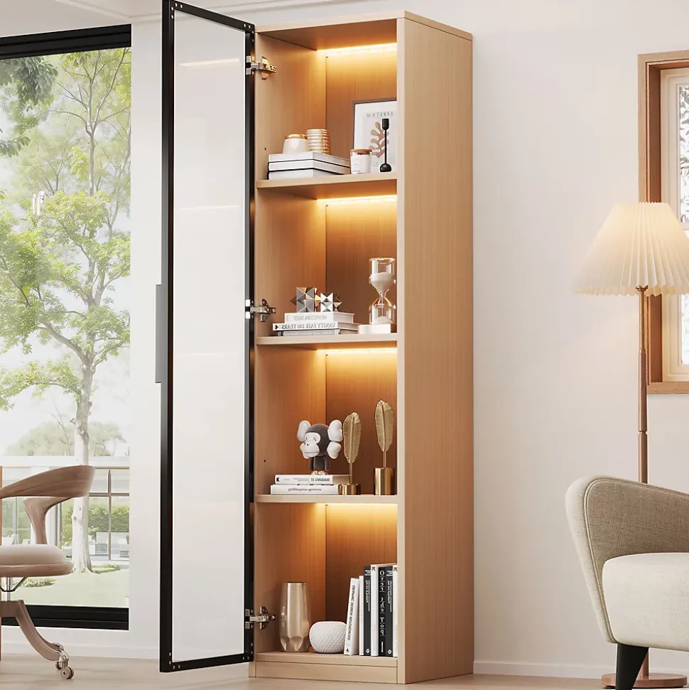 Vitrine à porte vitrée 40x40x165 cm - Éclairage LED - 1 porte en verre trempé - Placage chêne - MDF - Naturel