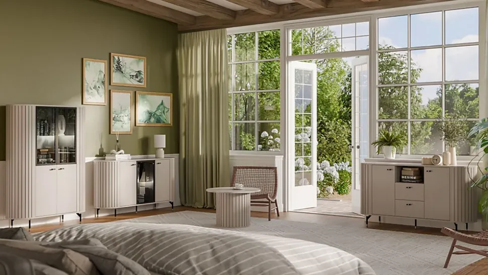 Vitrine 4 portes 112 cm greige avec façades rainurées ZANTE