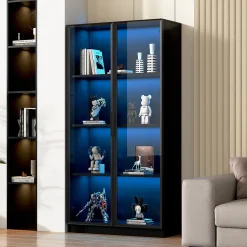 Vitrine 4 Portes - Lamelles Réglables - LED Contrôlable par App - USB 5V-2A - Panneau de Particules - 160x40x160 cm - Noir