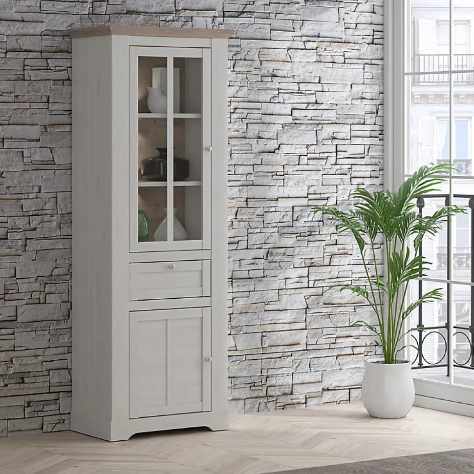 Vitrine 2 portes 1 tiroir éclairage LED décor chêne blanchi - ANGELE