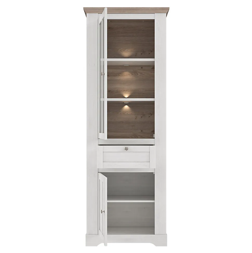 Vitrine 2 portes 1 tiroir éclairage LED décor chêne blanchi - ANGELE