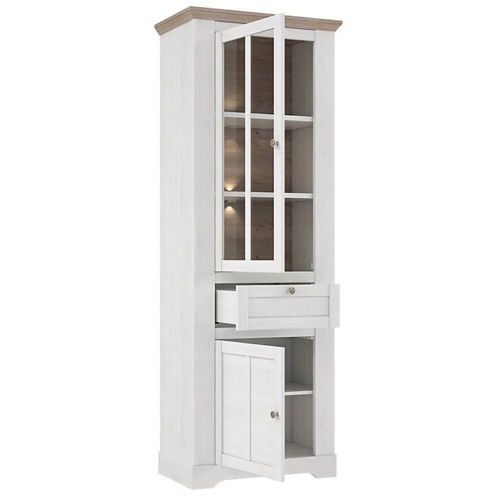 Vitrine 2 portes 1 tiroir éclairage LED décor chêne blanchi - ANGELE
