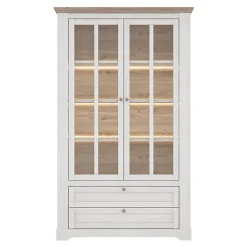 Vitrine 2 portes 2 tiroirs éclairage LED décor blanchi - ANGELE