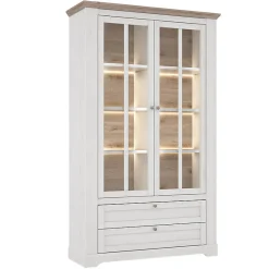 Vitrine 2 portes 2 tiroirs éclairage LED décor blanchi - ANGELE
