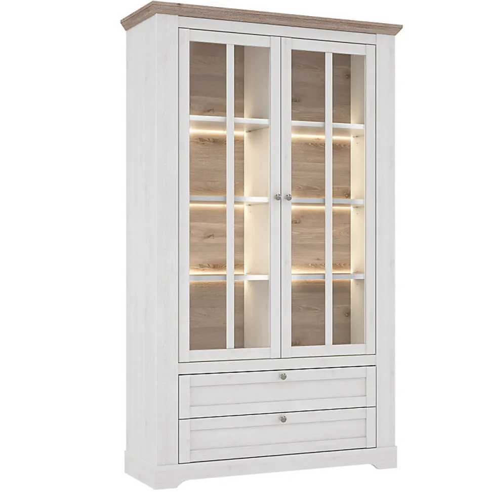 Vitrine 2 portes 2 tiroirs éclairage LED décor blanchi - ANGELE